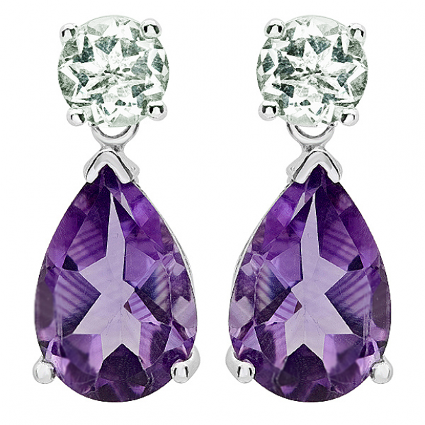 8.00 Carat (ctw) Sterling Silver Round Green Amethyst Tear Drop Purple Amethyst Ladies Dangling Stud Earrings 8 CT