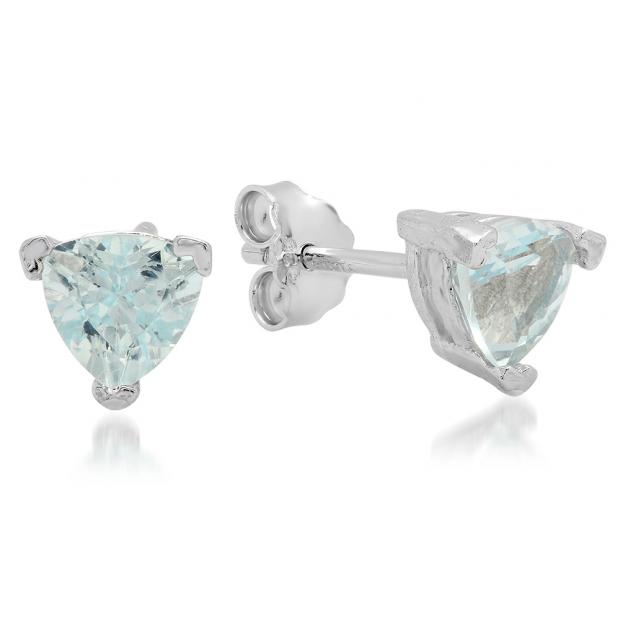 1.12 Carat (ctw) Sterling Silver Trilliant Cut Genuine Blue Topaz Basket Setting Stud Earrings