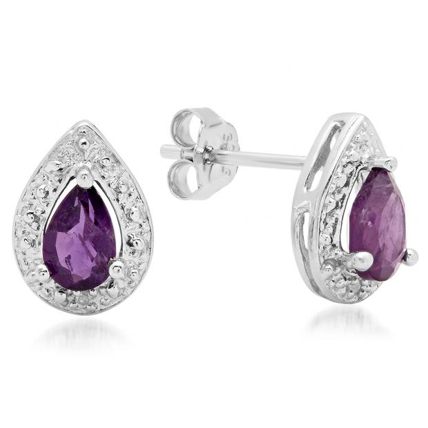 1.05 Carat (ctw) Sterling Silver Pear & Round Cut Genuine Purple Amethyst & White Diamond Ladies Stud Earrings 1 CT