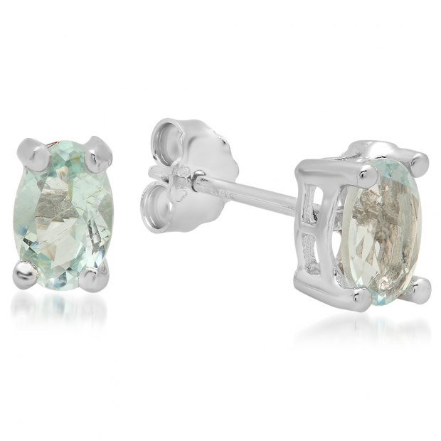 0.77 Carat (ctw) Sterling Silver Oval Cut Genuine Blue Aquamarine Basket Setting Stud Earrings 3/4 CT