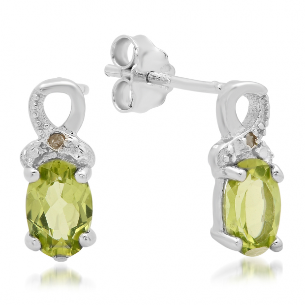 0.95 Carat (ctw) Sterling Silver Oval & Round Cut Genuine Green Peridot & White Diamond Ladies Stud Earrings 1 CT