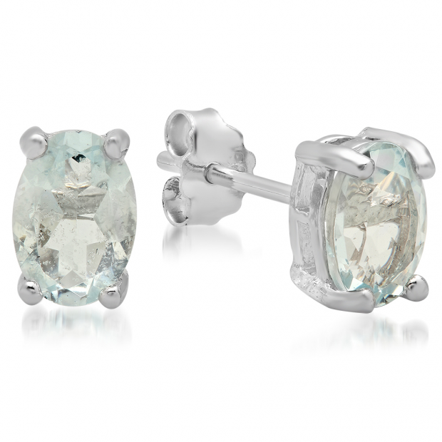 1.31 Carat (ctw) Sterling Silver Oval Cut Genuine Blue Aquamarine Basket Setting Stud Earrings