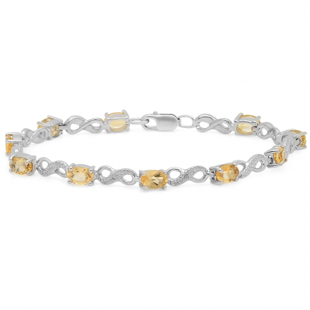5.42 Carat (ctw) Sterling Silver Real Oval Cut Citrine & Round White Diamond Ladies Infinity Link Tennis Bracelet