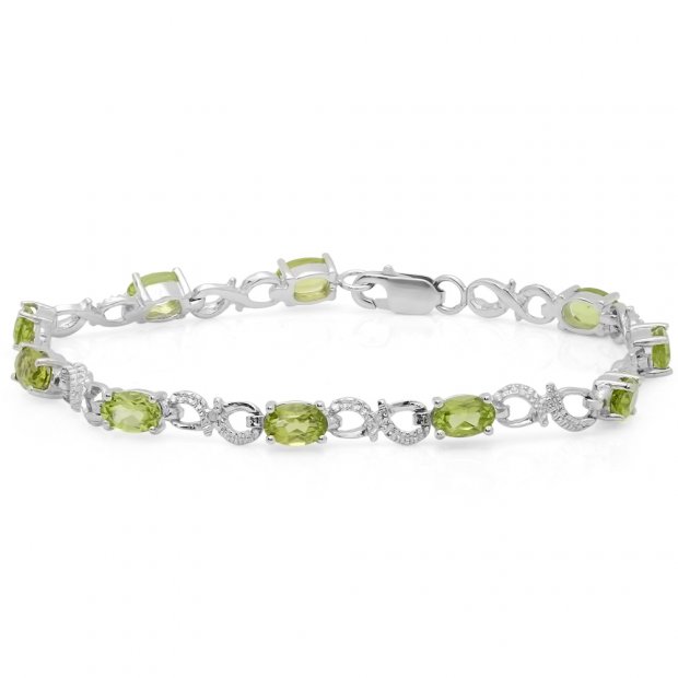 3.38 Carat (ctw) Sterling Silver Real Oval Cut Peridot & Round White Diamond Ladies Infinity Link Bracelet