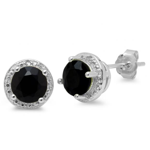 2.12 Carat (ctw) Sterling Silver Round Cut Black Sapphire & White Diamond Ladies Halo Stud Earrings