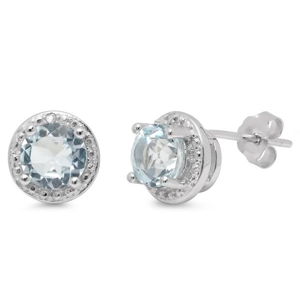 2.02 Carat (ctw) Sterling Silver Round Cut Blue Topaz & White Diamond Ladies Halo Stud Earrings