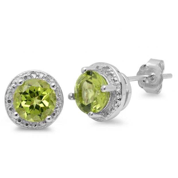 1.72 Carat (ctw) Sterling Silver Round Cut Peridot & White Diamond Ladies Halo Stud Earrings