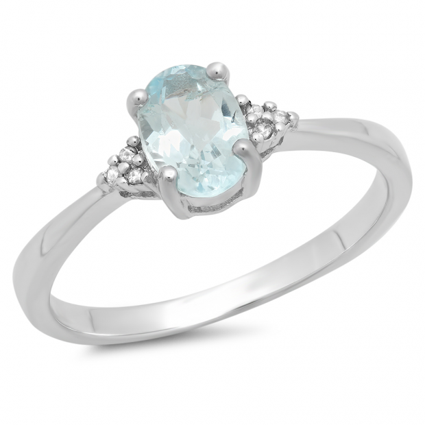1.13 Carat (ctw) Sterling Silver Oval Cut Blue Topaz & Round White Diamond Ladies Bridal Promise Engagement Ring