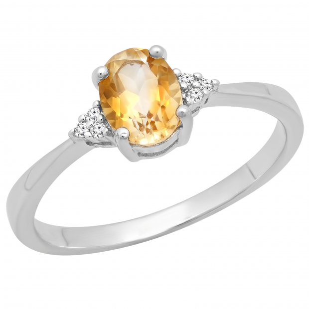 0.88 Carat (ctw) Sterling Silver Oval Cut Citrine & Round White Diamond Ladies Bridal Promise Engagement Ring