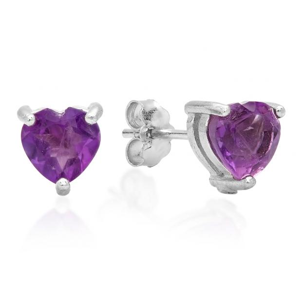 0.70 Carat (ctw) Sterling Silver Heart Shape Genuine Amethyst Ladies Basket Setting Stud Earrings 3/4 CT