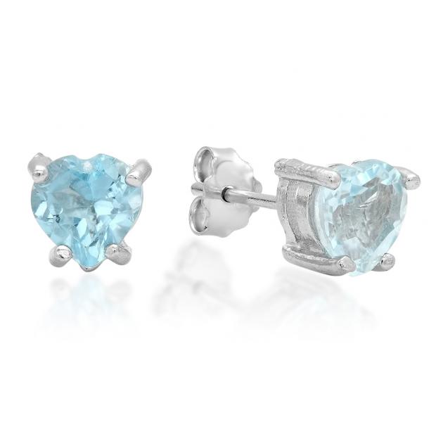 1.00 Carat (ctw) Sterling Silver Heart Shape Genuine Blue Topaz Ladies Basket Setting Stud Earrings 1 CT