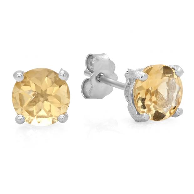 1.40 Carat (ctw) Sterling Silver Round Cut Genuine Citrine Ladies Basket Setting Stud Earrings