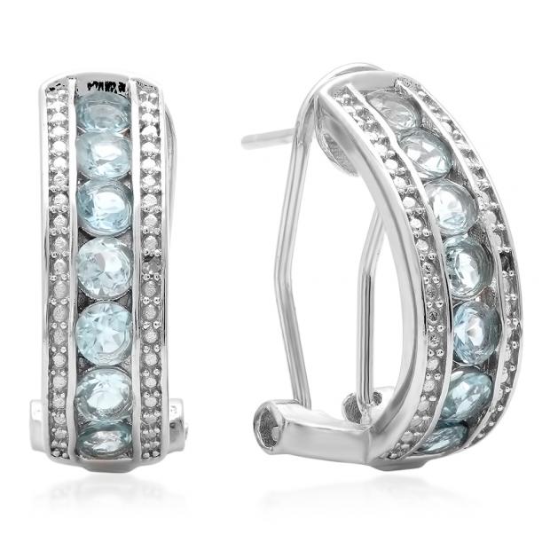 1.56 Carat (ctw) Sterling Silver Round Cut Blue Topaz & White Diamond Ladies Fashion Hoops Earrings