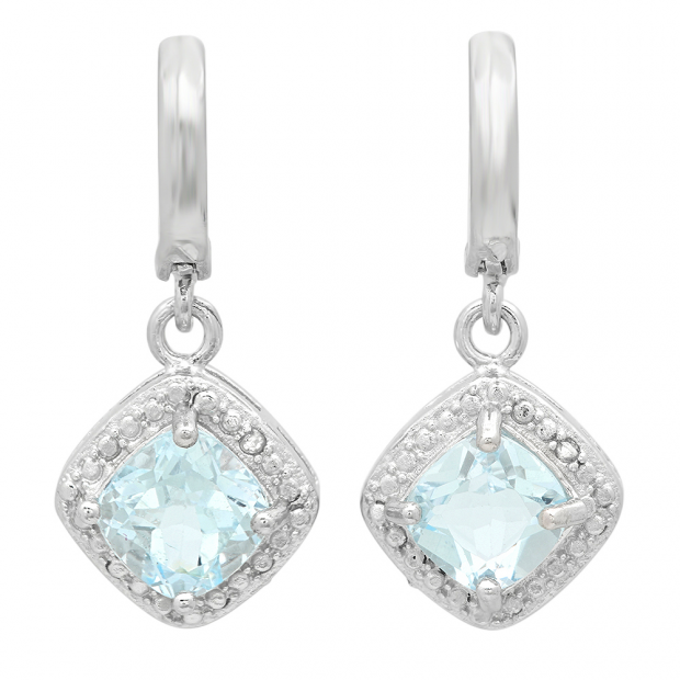 1.16 Carat (ctw) Sterling Silver Cushion Shape Blue Topaz & Round White Diamond Ladies Halo Dangling Drop Earrings
