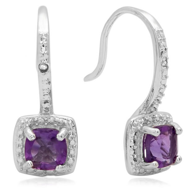 0.48 Carat (ctw) Sterling Silver Cushion Shape Amethyst & Round White Diamond Ladies Halo Dangling Drop Earrings