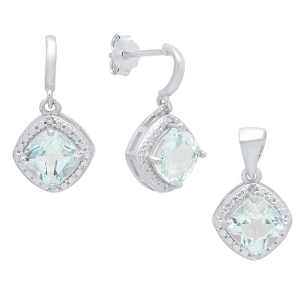 Sterling Silver Cushion Cut Blue Topaz & White Diamond Accent Ladies Dangling Earring & Pendant Set