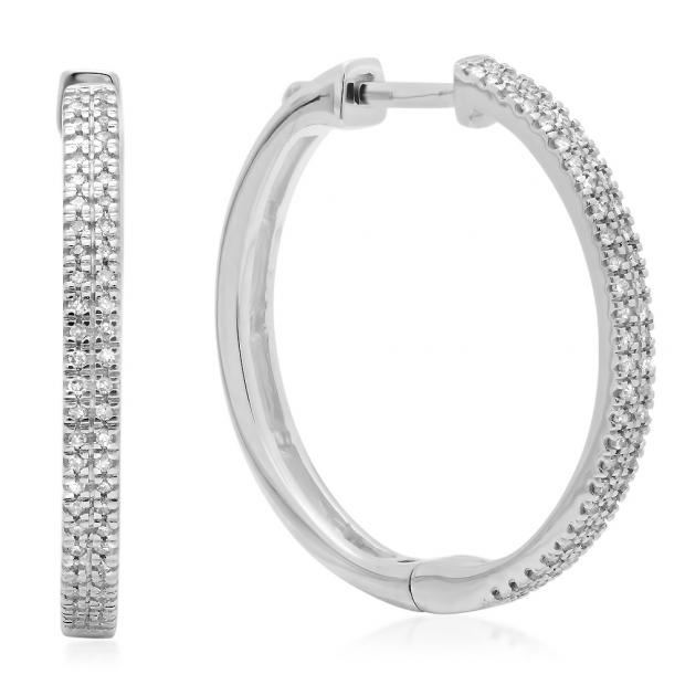 0.15 Carat (ctw) 14K White Gold Round Cut White Diamond Ladies Micro Pave Hoop Earrings
