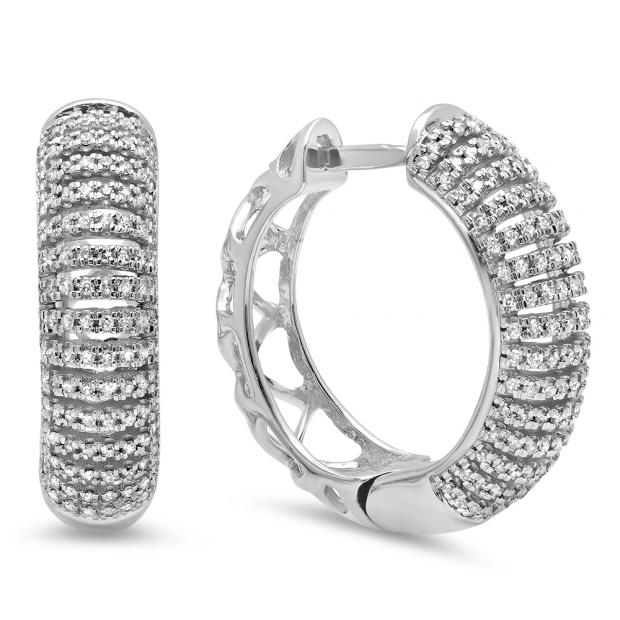 0.34 Carat (ctw) 14K White Gold Round Cut White Diamond Ladies Micro Pave Hoop Earrings 1/3 CT