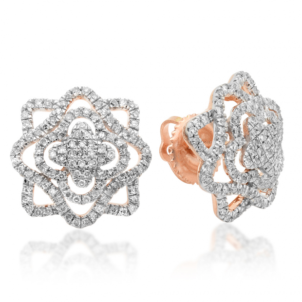 0.34 Carat (ctw) 14K Rose Gold Round Cut White Diamond Ladies Cluster Flower Micro Pave Stud Earrings 1/3 CT