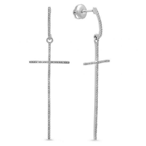 0.21 Carat (ctw) 14K White Gold Round Diamond Ladies Cross Shaped Dangling Drop Earrings 1/4 CT