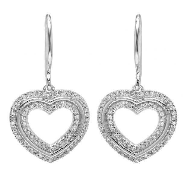 0.23 Carat (ctw) 14K White Gold Round Cut White Diamond Ladies Heart Shape Dangling Drop Earrings 1/4 CT