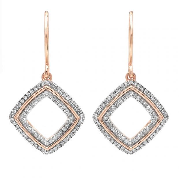 0.25 Carat (ctw) 14K Rose Gold Round Cut White Diamond Ladies Cushion Shape Dangling Drop Earrings 1/4 CT