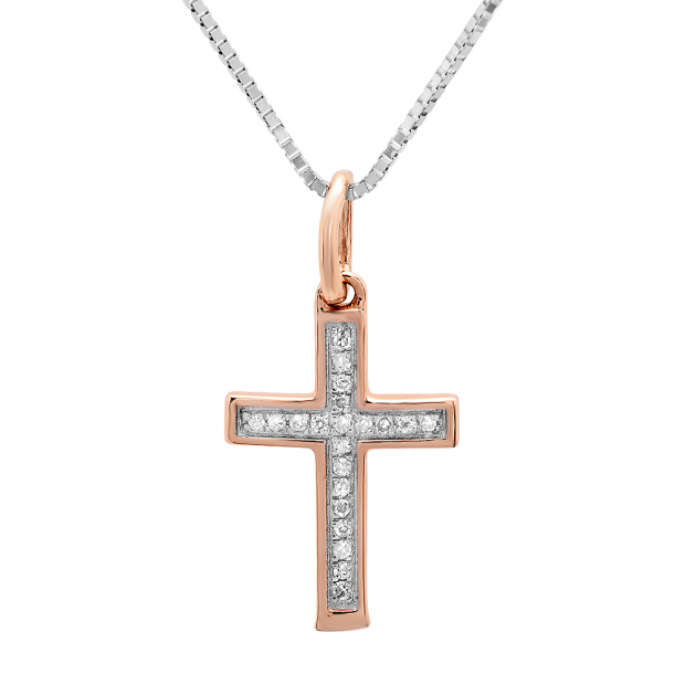 0.03 Carat (ctw) Dainty 14K Rose Gold Round White Diamond Ladies Micro Pave Religious Cross Pendant