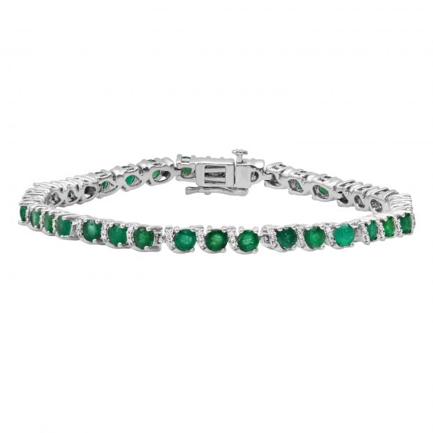 3.5 MM Round Emerald & White Diamond Ladies Tennis Bracelet 925 Sterling Silver