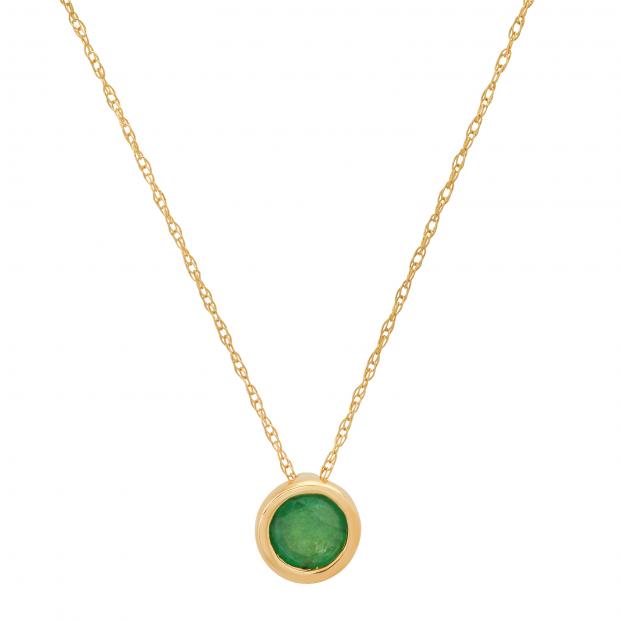 Round Emerald Solitaire Pendant with 18 Inch Gold Chain for Women (1.00 ctw Color Green Clarity Highly Included) in 10K Yellow Gold