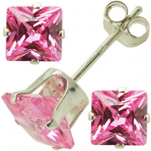 Sterling Silver 4mm Pink Diamond CZ Cubic Zirconia Square Stud Earrings