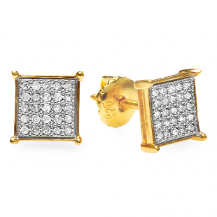 0.33 Carat (ctw) 18k Yellow Gold Plated Sterling Silver Round Diamond Square Shaped Iced Hip Hop Micro Pave Stud Earrings 1/3 CT