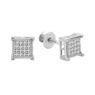 Round White Diamond Square Shape Screwback Unisex Stud Earrings (0.10 ctw, Color I-J, Clarity I2-I3) in 925 Sterling Silver