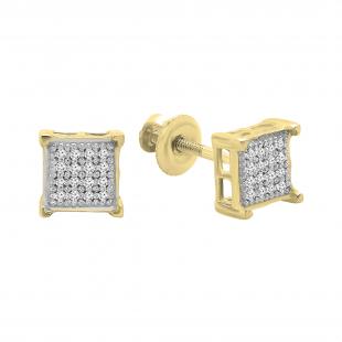 Round White Diamond Square Shape Unisex Stud Earrings (0.10 ctw, Color I-J, Clarity I2-I3) in Yellow Plated 925 Sterling Silver in Screw Back