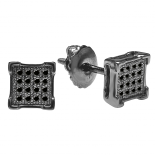 0.10 Carat (ctw) Black Rhodium Plated 10K White Gold Round Black Diamond V-Prong Square Shape Mens Hip Hop Iced Stud Earrings 1/10 CT