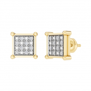 0.10 Carat Round White Diamond 8mm Square Hip Hop Iced Out Studs in 10K Yellow Gold, Screw Back, Unisex Design Ladies, Mens Real Diamond Earrings