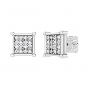 0.10 Carat Round White Diamond 8mm Square Hip Hop Iced Out Studs in 925 Sterling Silver, Push Back, Unisex Design Ladies, Mens Real Diamond Earrings