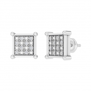 0.10 Carat Round White Diamond 8mm Square Hip Hop Iced Out Studs in 925 Sterling Silver, Screw Back, Unisex Design Ladies, Mens Real Diamond Earrings