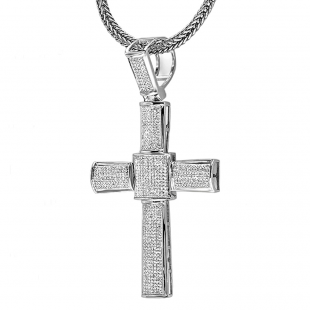 3.00 Carat (ctw) Sterling Silver White Diamond Micro Pave Mens Hip Hop Style Religious Cross Pendant Necklace FREE CHAIN