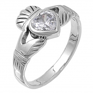 Sterling Silver Ladies Heart Shape Cubic Zirconia CZ Irish Friendship and Love Band Claddagh Ring (Available in size 6 7 8)