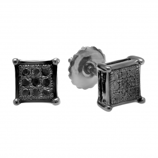 0.10 Carat (ctw) Black Plated Sterling Silver Round Black Diamond Square Shape Mens Hip Hop Iced Stud Earrings