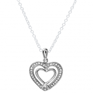 0.20 Carat (ctw) Sterling Silver White Diamond Ladies Double Heart Pendant 1/5 CT