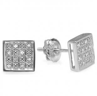 0.10 Carat (ctw) Platinum Plated Sterling Silver Real Diamond Square Men's Ladies Unisex Hip Hop Iced Stud Earrings 1/10 CT