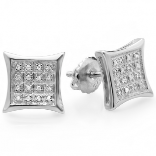 0.15 Carat (ctw) 14K White Gold Real Diamond Concave Kite Shape Mens Ladies Hip Hop Iced 10 mm Stud Earrings