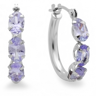 1.00 CT Sterling Silver Oval Tanzanite Gemstones Ladies Rhodium Plated Hoop Earrings