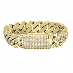 12.50 Carat (ctw) Round White Diamond Men's Curb Chain Bracelet 14K Yellow Gold