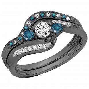 0.60 Carat (Ctw) Round White & Blue Diamond Ladies Swirl Style Bridal 3 Stone Engagement Ring With Matching Band Set Black Plated 14K White Gold
