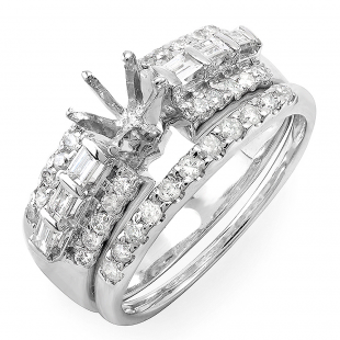 0.75 Carat (ctw) Round & Baguette White Diamond Bridal Semi Mount Ring Set for Women (can fit 9mm Centre Stone), 14K White Gold