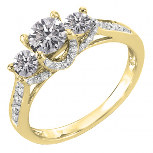 0.98 Carat (ctw) 18K Yellow Gold Round Lab Grown Diamond 3 Stone Ladies Engagement Ring 1 CT