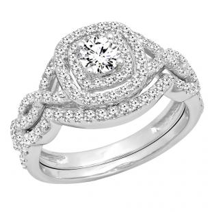 1.00 Carat (ctw) 14K White Gold Round Lab Grown White Diamond Ladies Halo Engagement Ring Set 1 CT