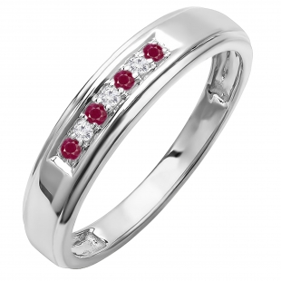 Sterling Silver Round Lab Grown Ruby & White Diamond Men's Seven Stone Wedding Band